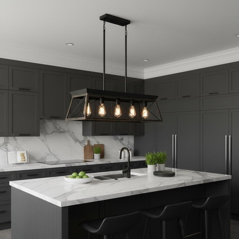 Black Metal Five Light Geometric And Kitchen Island Ceiling Light in a home interior