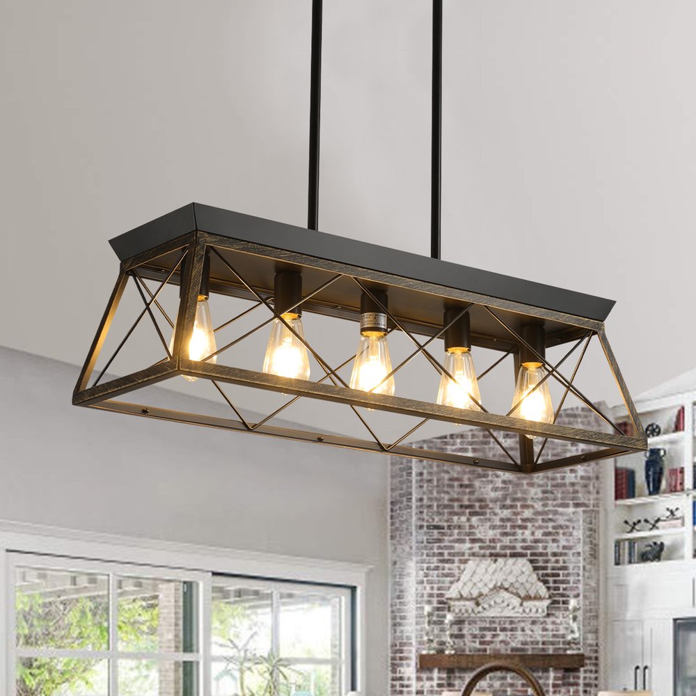 Black Metal Five Light Geometric And Kitchen Island Ceiling Light on a white background