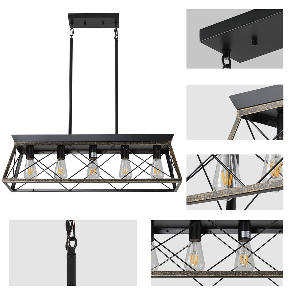 Black Metal Five Light Geometric And Kitchen Island Ceiling Light on a white background