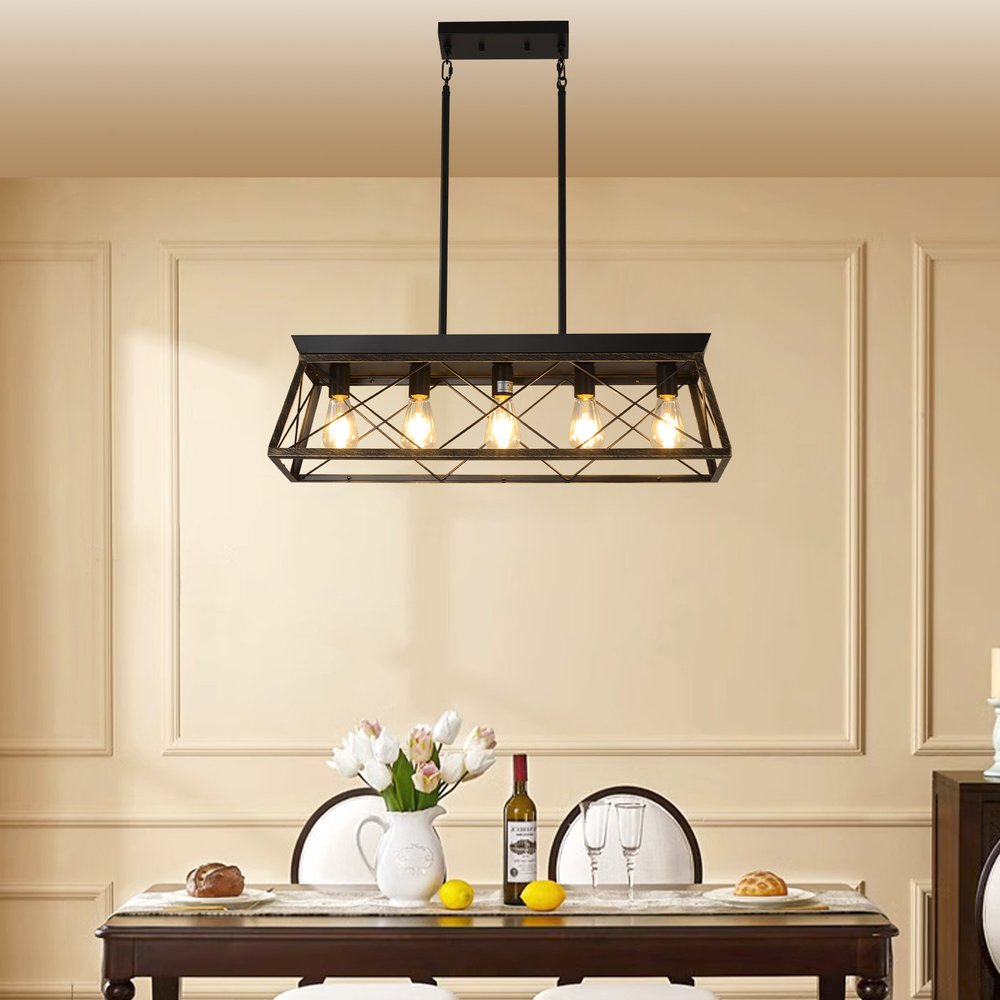 Black Metal Five Light Geometric And Kitchen Island Ceiling Light