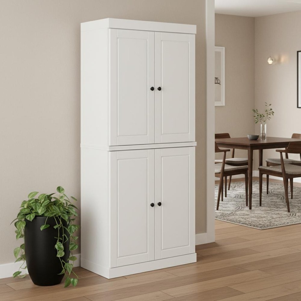 72" White Solid Wood Four Door Pantry Or Storage Closet