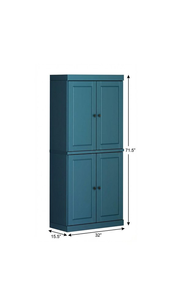 72" Teal Blue Solid Wood Four Door Pantry Or Storage Closet