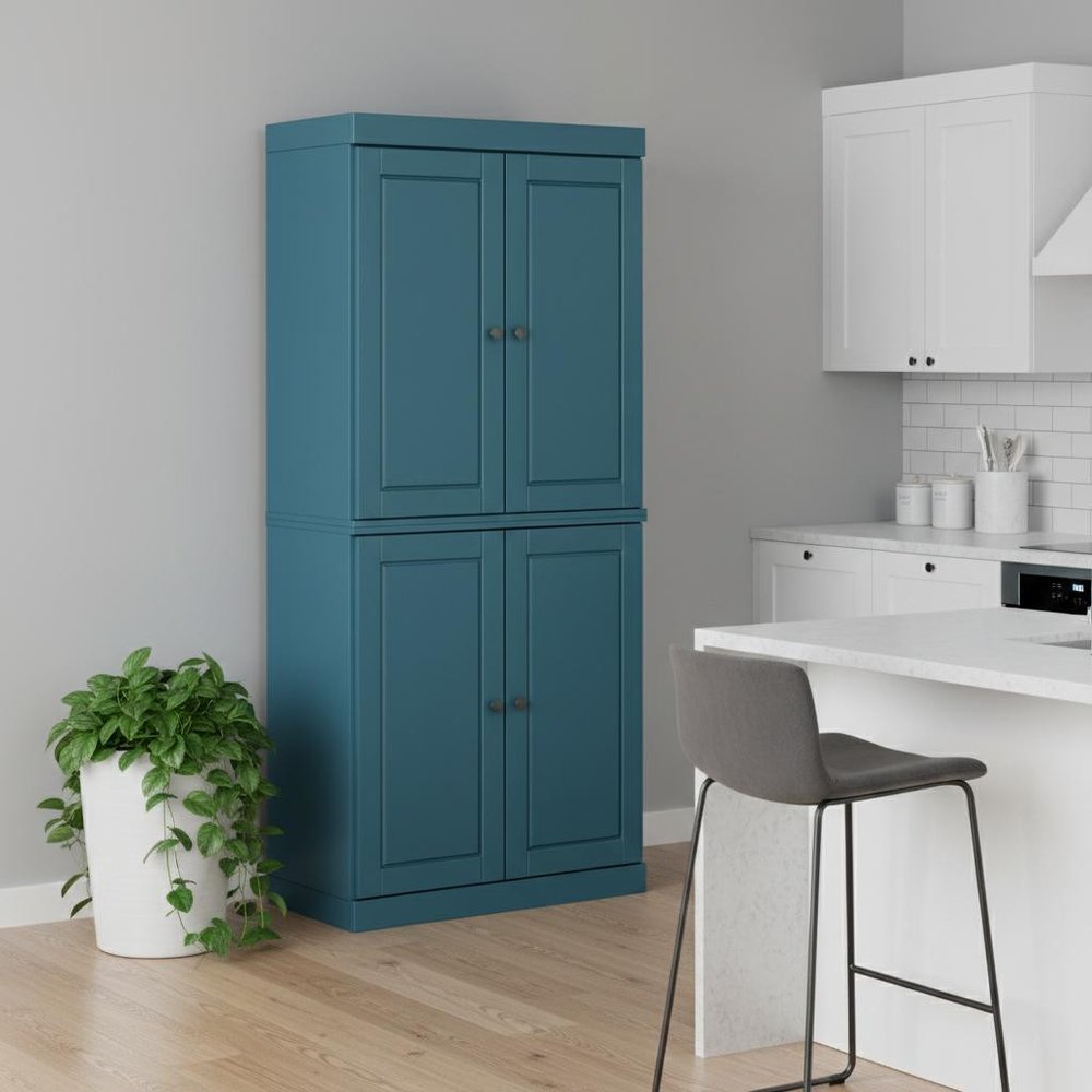 72" Teal Blue Solid Wood Four Door Pantry Or Storage Closet