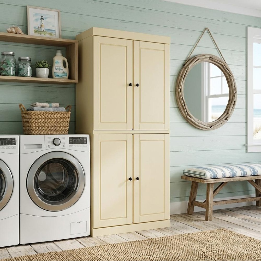 72" Sage Solid Wood Four Door Pantry Or Storage Closet on a white background