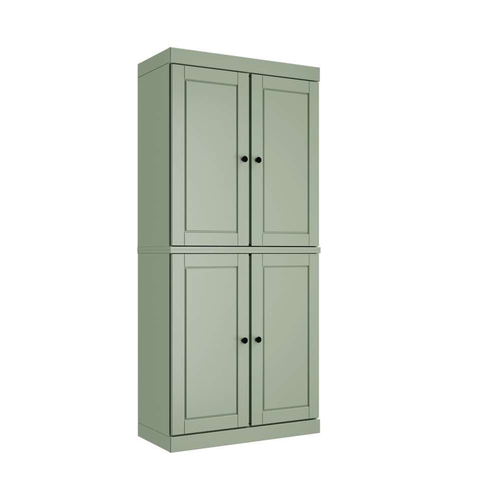 72" Sage Solid Wood Four Door Pantry Or Storage Closet on a white background