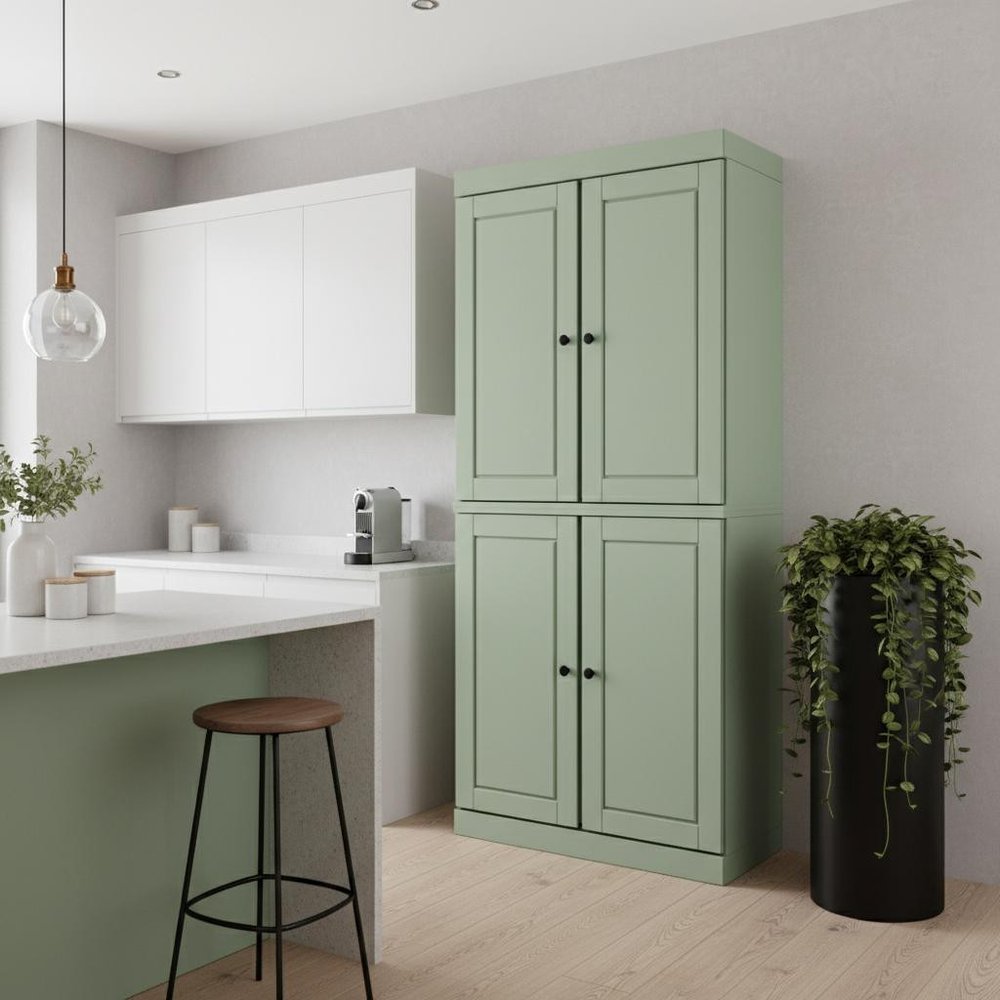 72" Sage Solid Wood Four Door Pantry Or Storage Closet in a home interior