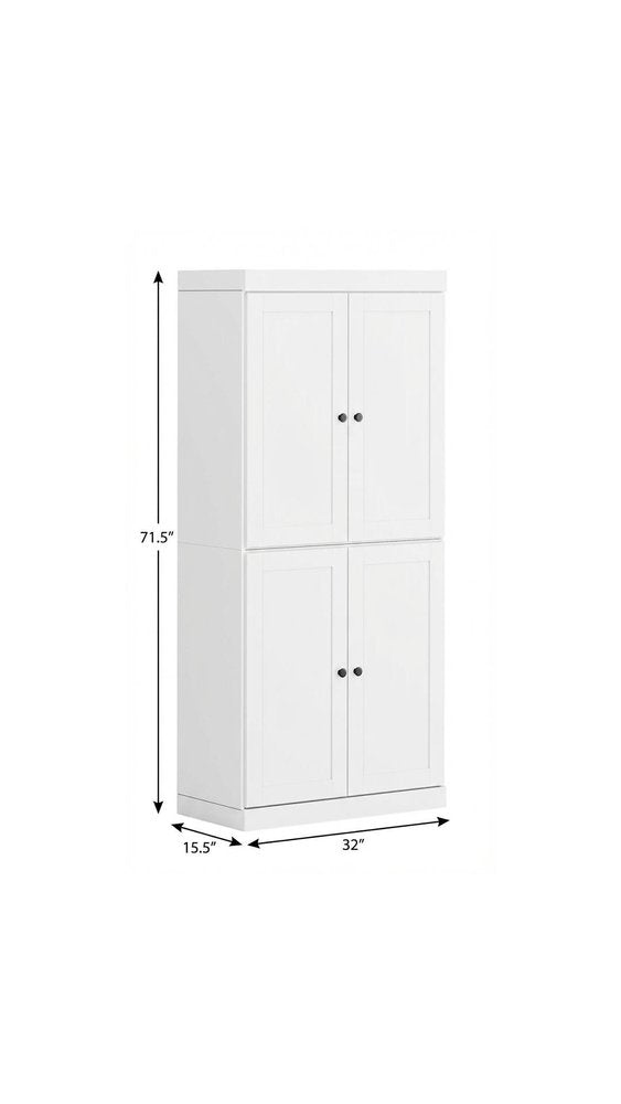 72" White Solid Wood Four Door Pantry Or Storage Closet on a white background