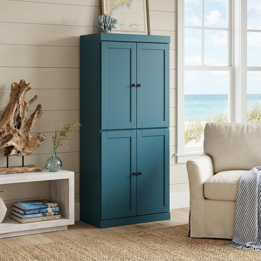 72" Teal Blue Solid Wood Four Door Pantry Or Storage Closet