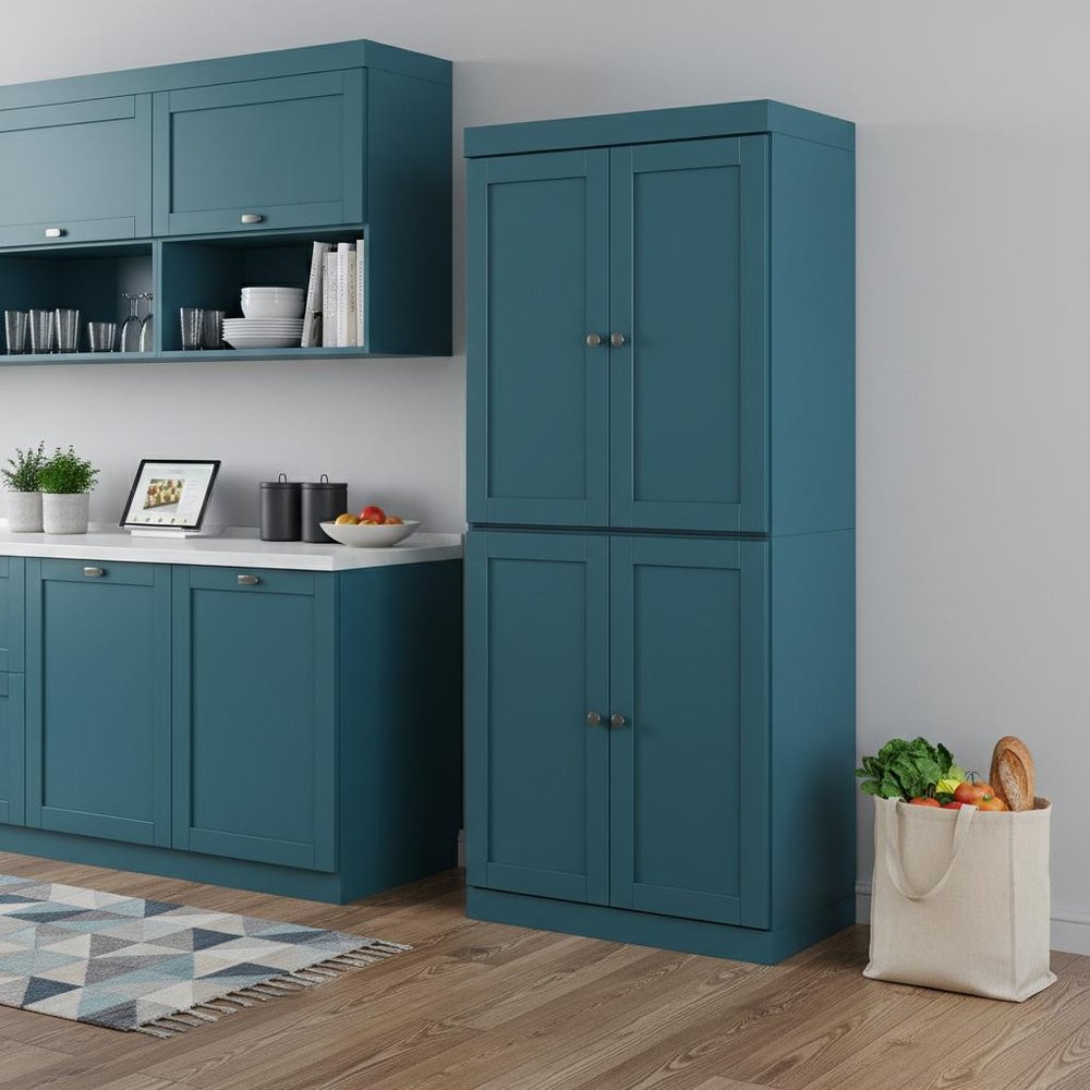 72" Teal Blue Solid Wood Four Door Pantry Or Storage Closet