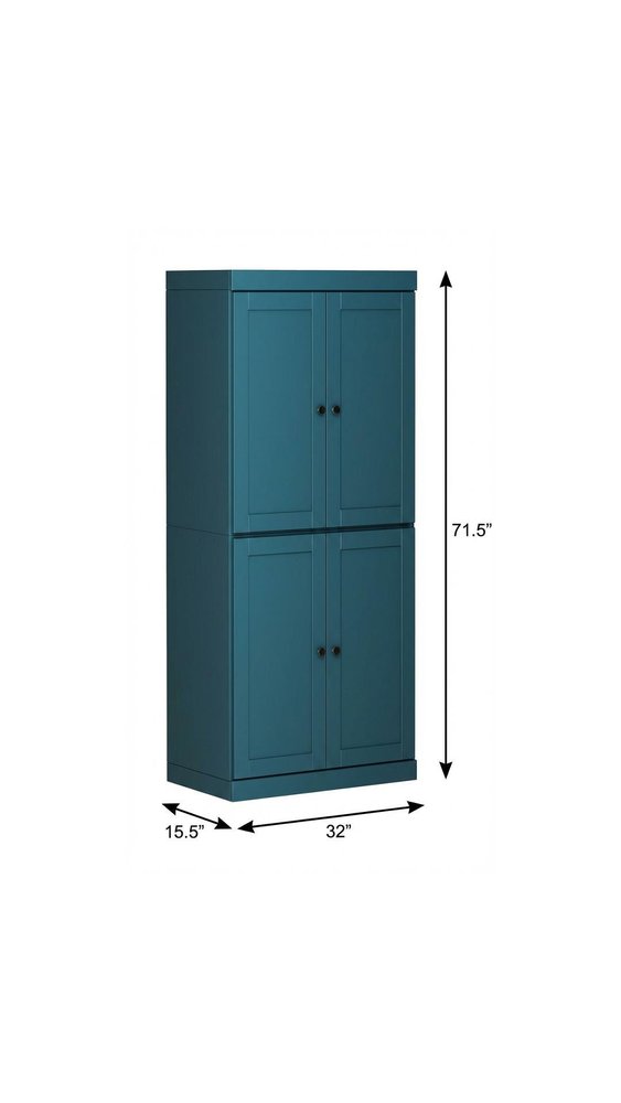 72" Teal Blue Solid Wood Four Door Pantry Or Storage Closet