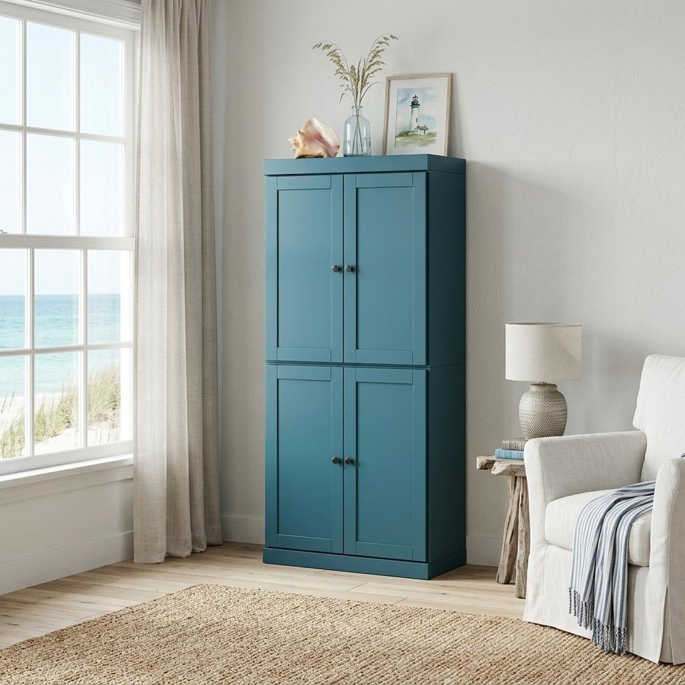 72" Teal Blue Solid Wood Four Door Pantry Or Storage Closet