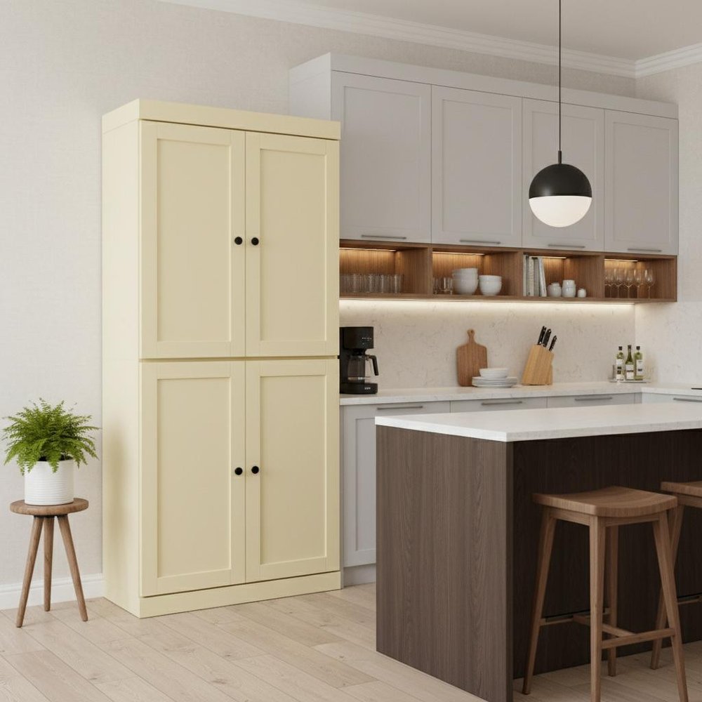 72" Teal Blue Solid Wood Four Door Pantry Or Storage Closet in a home interior