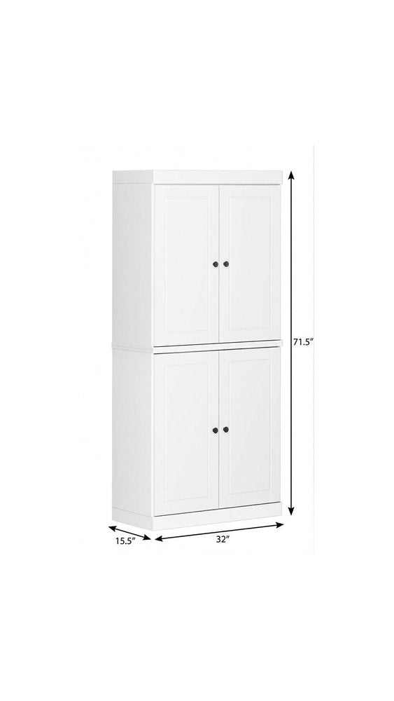 72" White Solid Wood Four Door Two Drawer Pantry Or Storage Closet on a white background