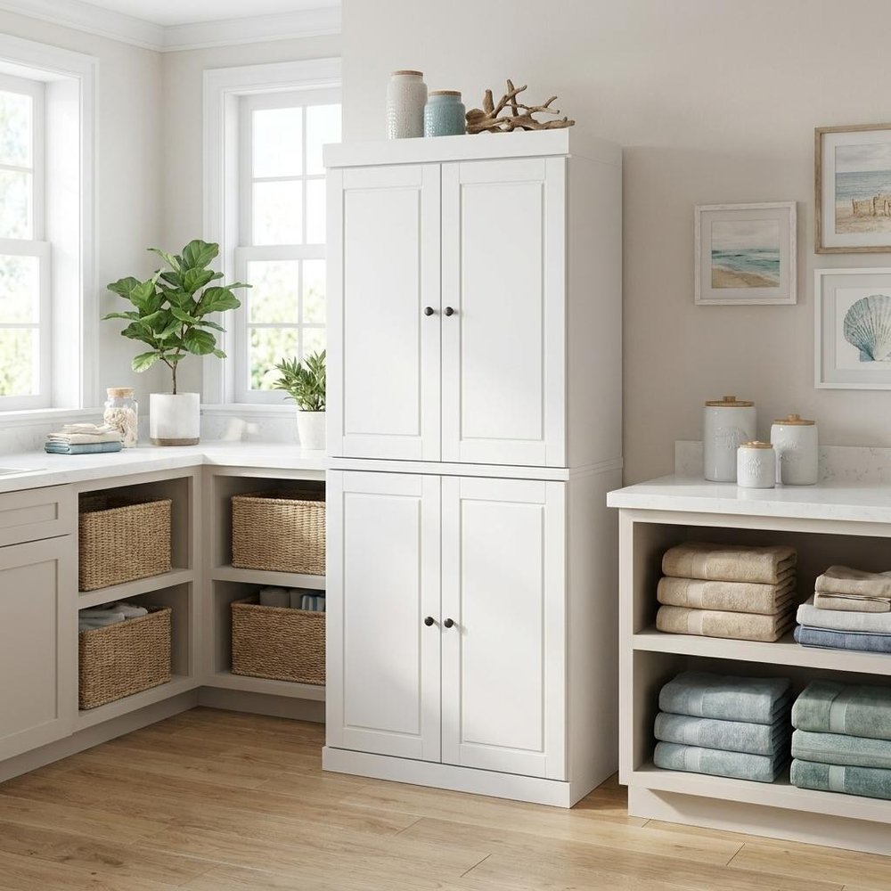 72" White Solid Wood Four Door Two Drawer Pantry Or Storage Closet in a home interior