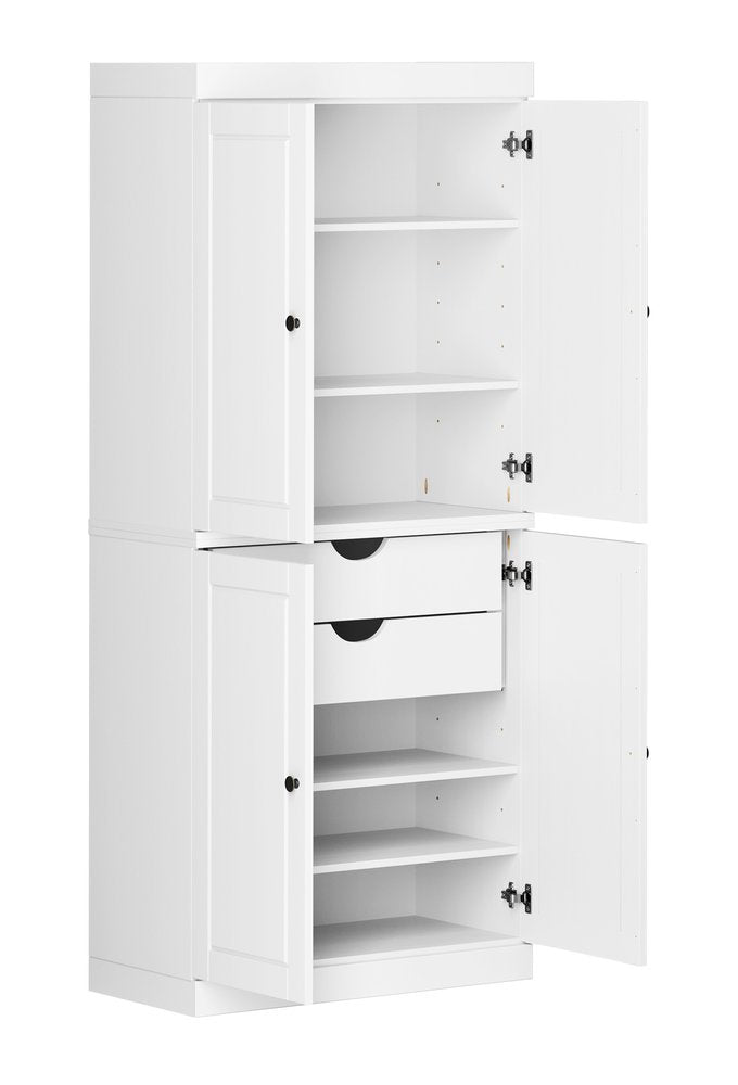 72" White Solid Wood Four Door Two Drawer Pantry Or Storage Closet on a white background