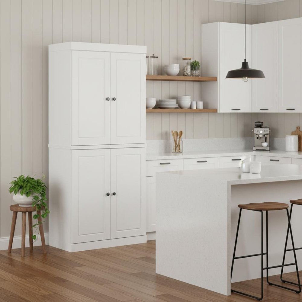 72" White Solid Wood Four Door Two Drawer Pantry Or Storage Closet in a home interior