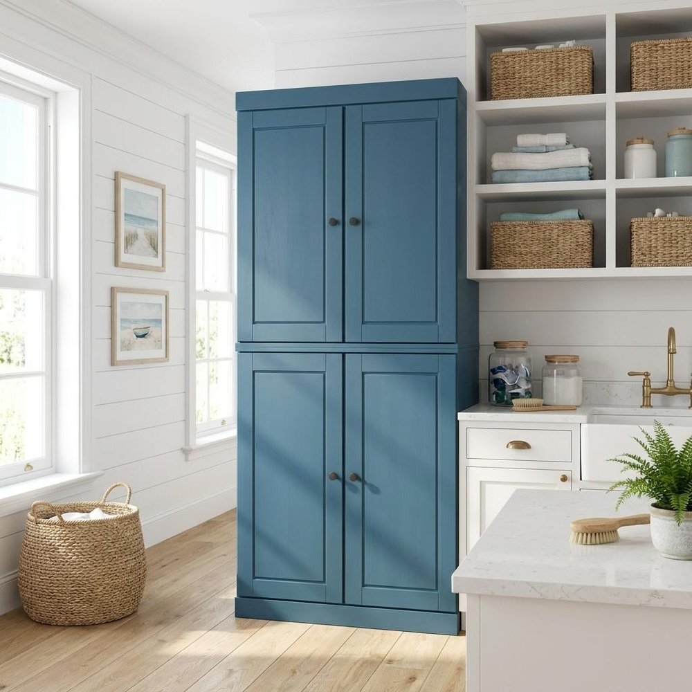 72" White Solid Wood Four Door Two Drawer Pantry Or Storage Closet