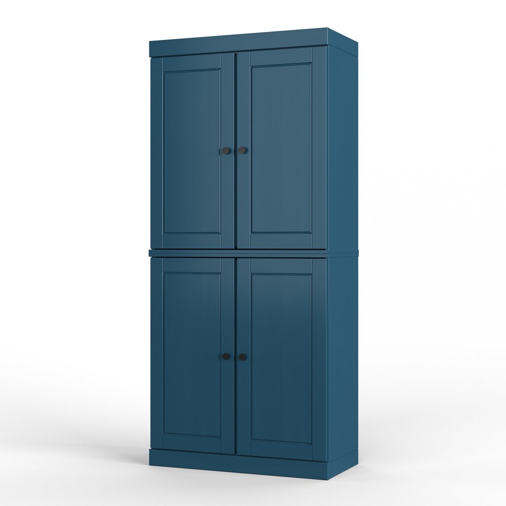 72" White Solid Wood Four Door Two Drawer Pantry Or Storage Closet on a white background
