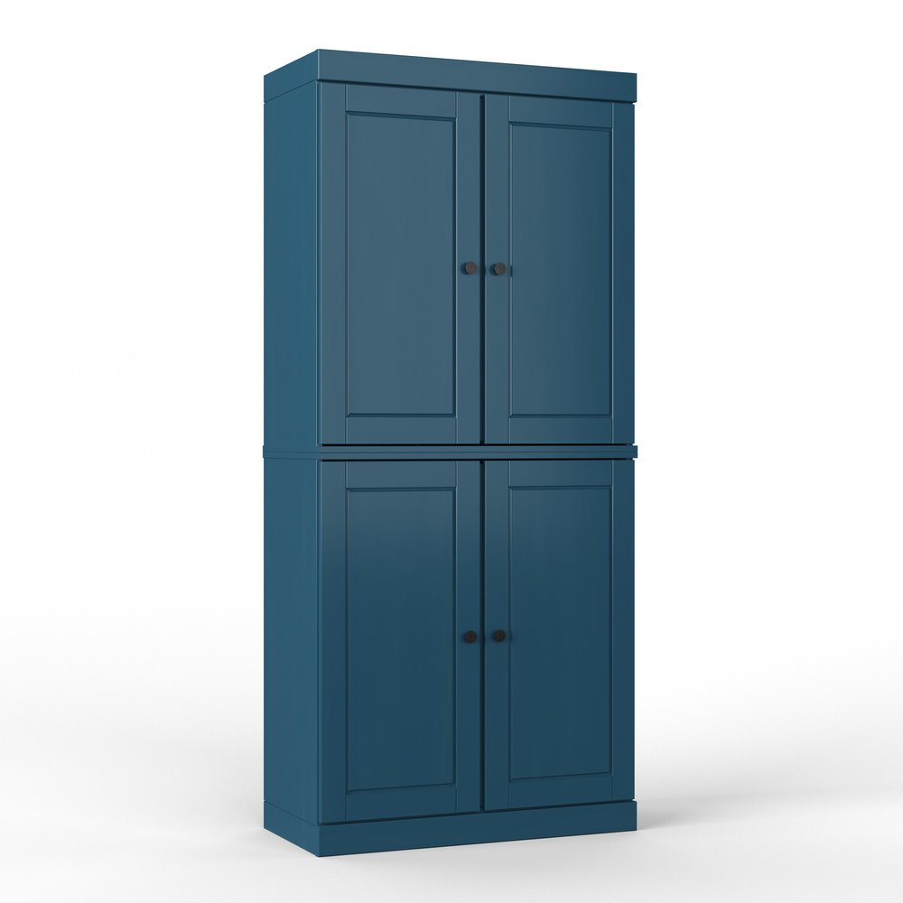 72" White Solid Wood Four Door Two Drawer Pantry Or Storage Closet on a white background