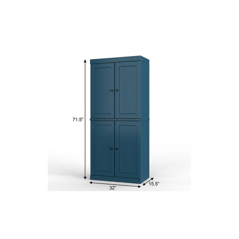 72" White Solid Wood Four Door Two Drawer Pantry Or Storage Closet on a white background