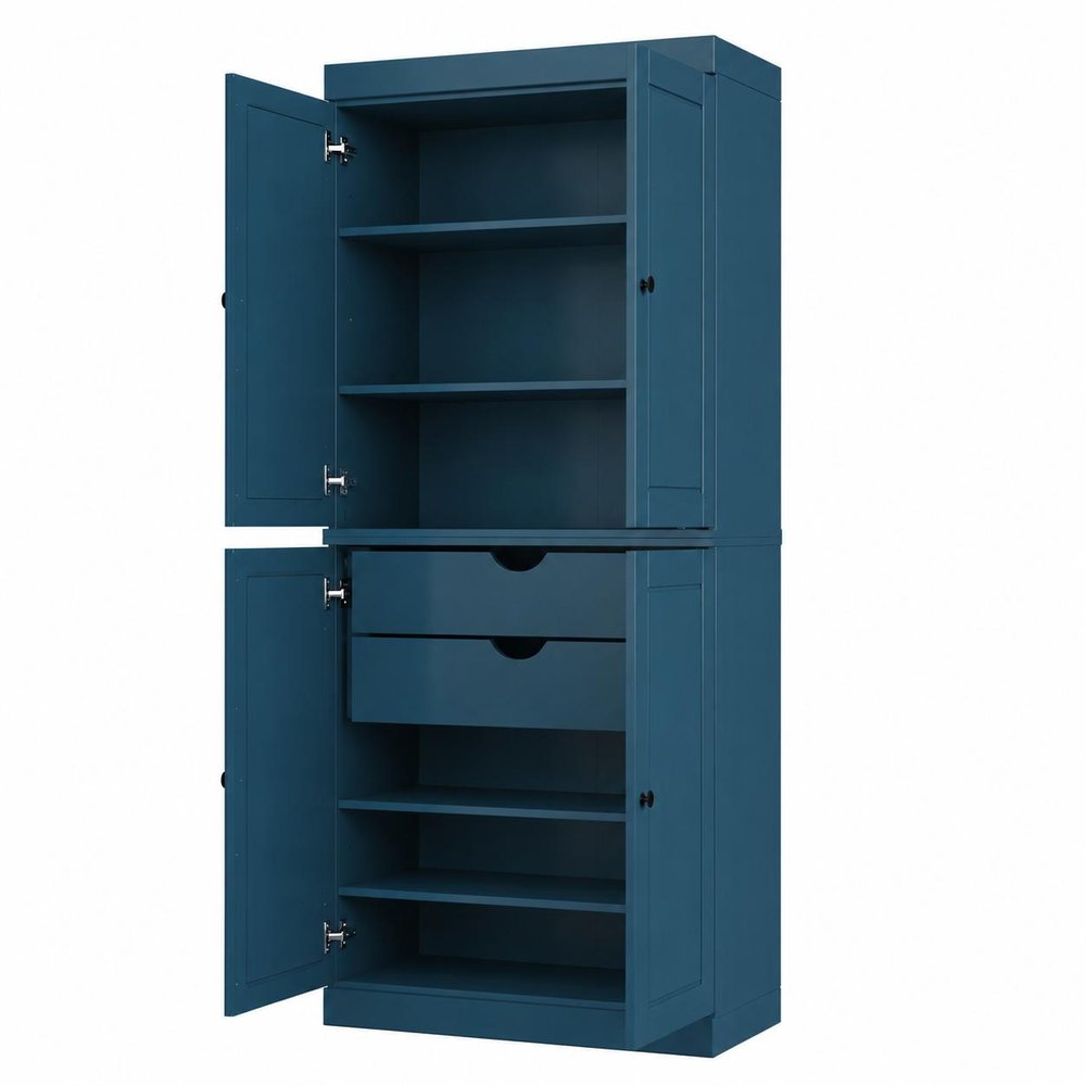 72" White Solid Wood Four Door Two Drawer Pantry Or Storage Closet on a white background