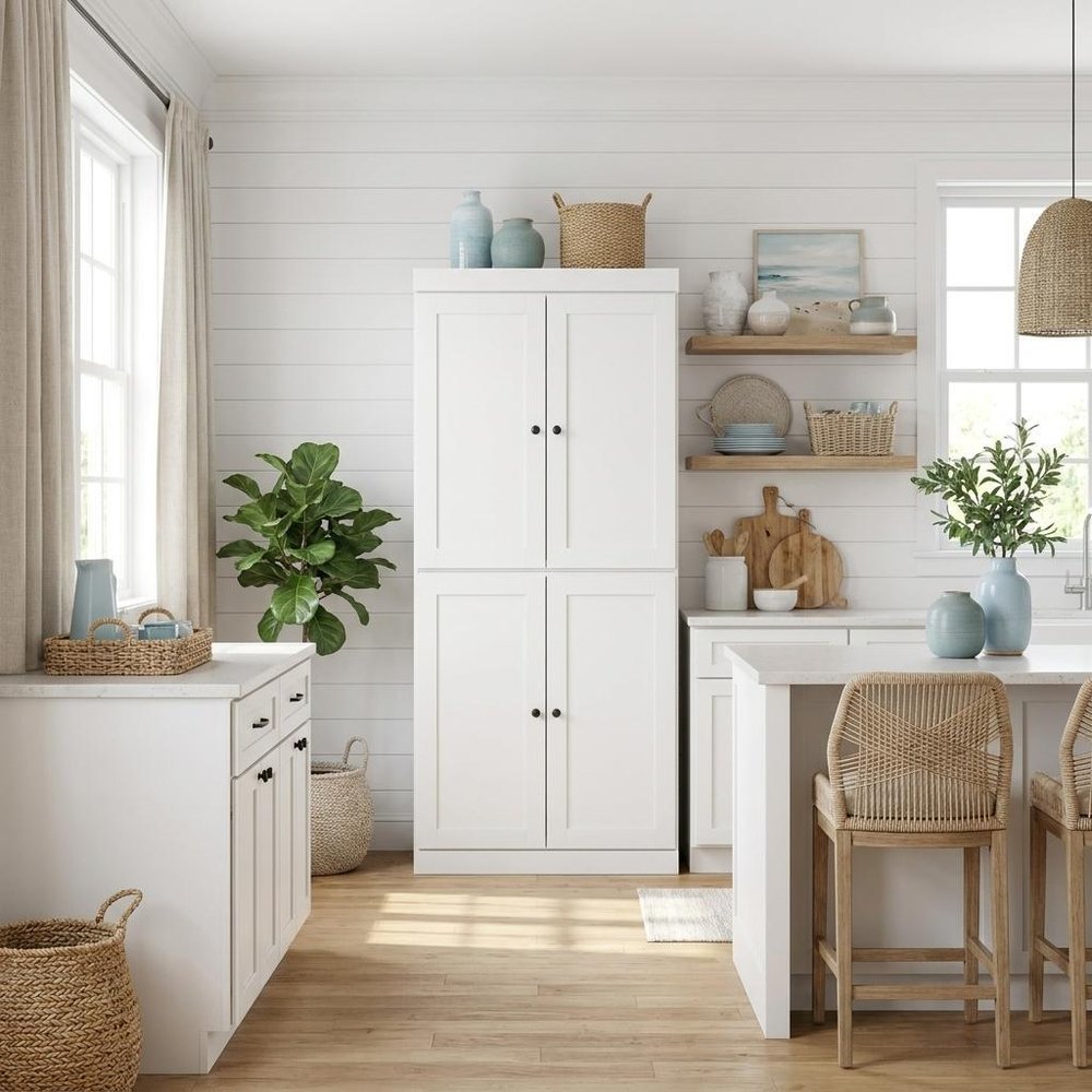 72" White Solid Wood Four Door Two Drawer Pantry Or Storage Closet in a home interior