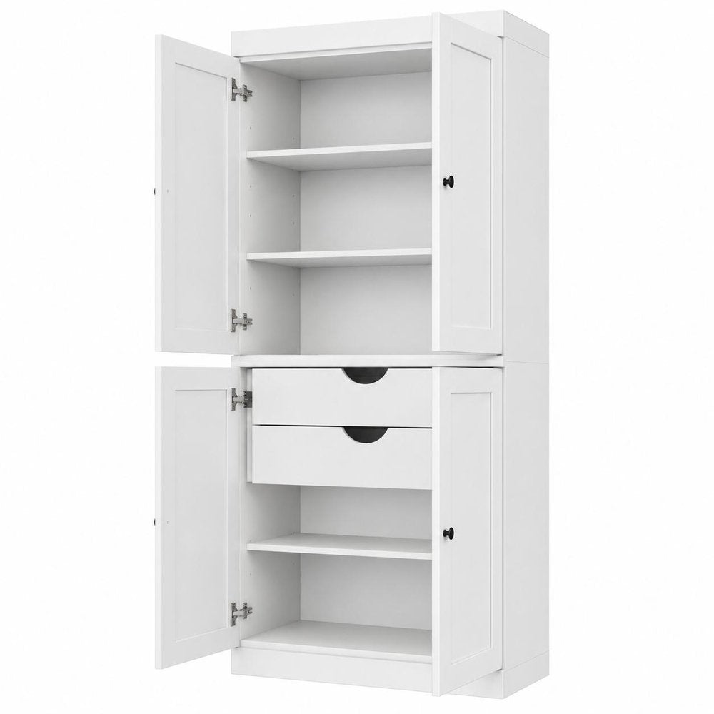 72" White Solid Wood Four Door Two Drawer Pantry Or Storage Closet