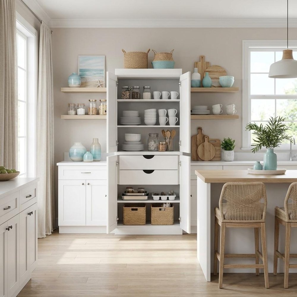 72" White Solid Wood Four Door Two Drawer Pantry Or Storage Closet in a home interior