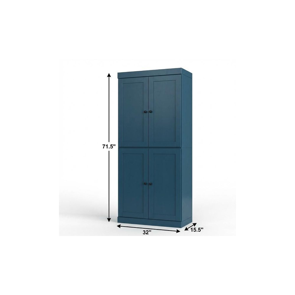 72" White Solid Wood Four Door Two Drawer Pantry Or Storage Closet on a white background