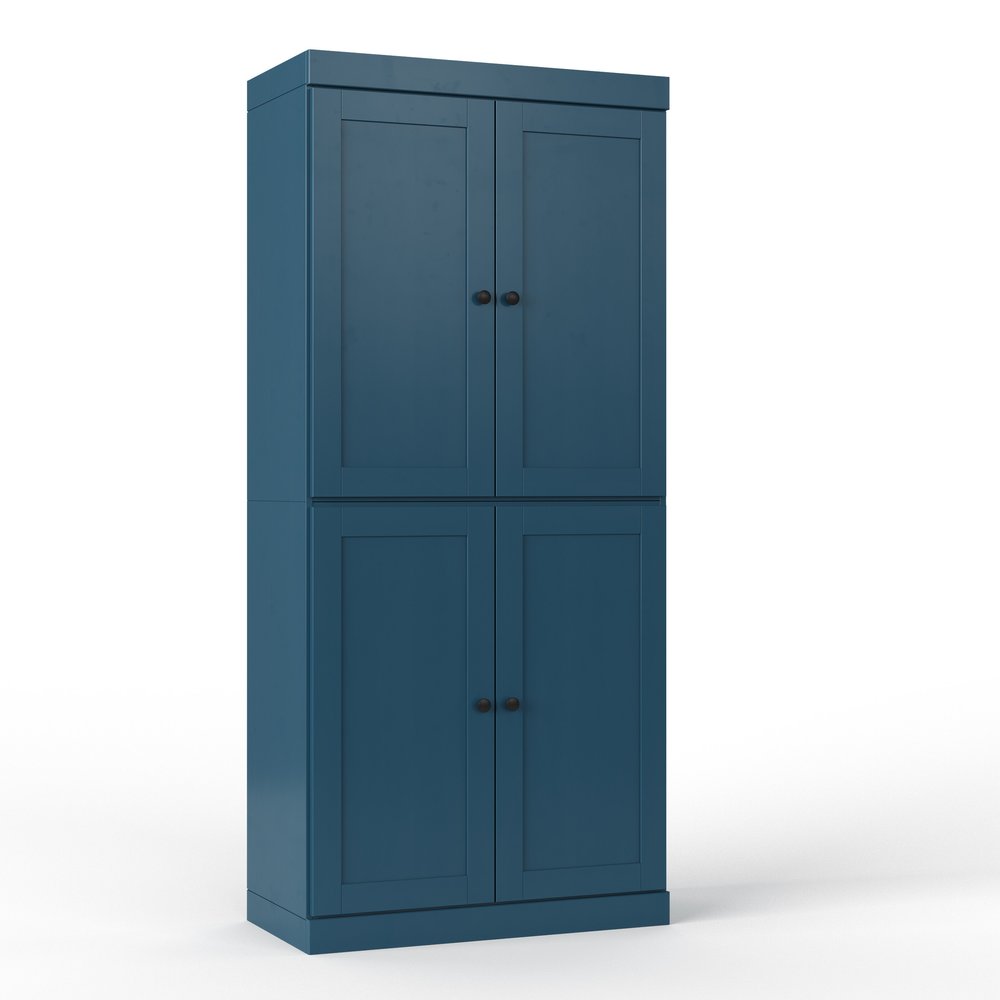 72" White Solid Wood Four Door Two Drawer Pantry Or Storage Closet on a white background