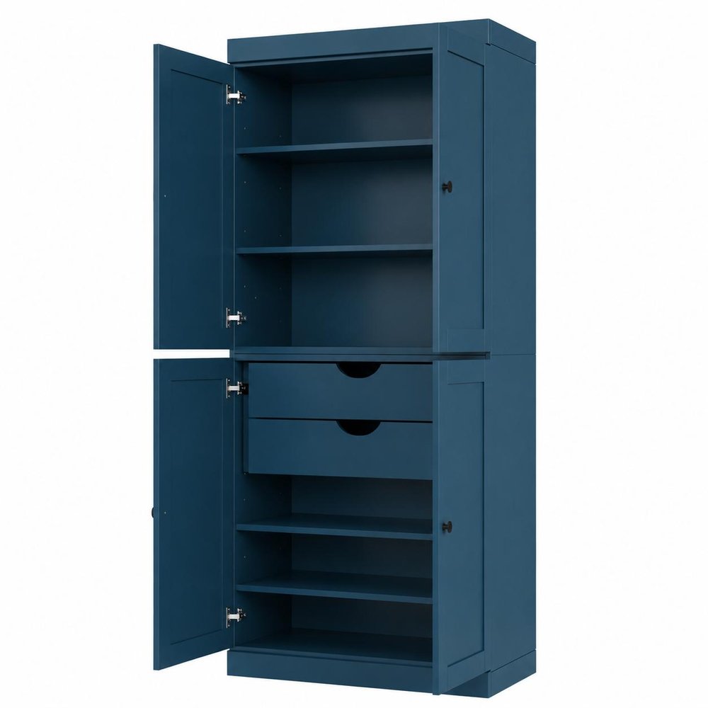 72" White Solid Wood Four Door Two Drawer Pantry Or Storage Closet on a white background