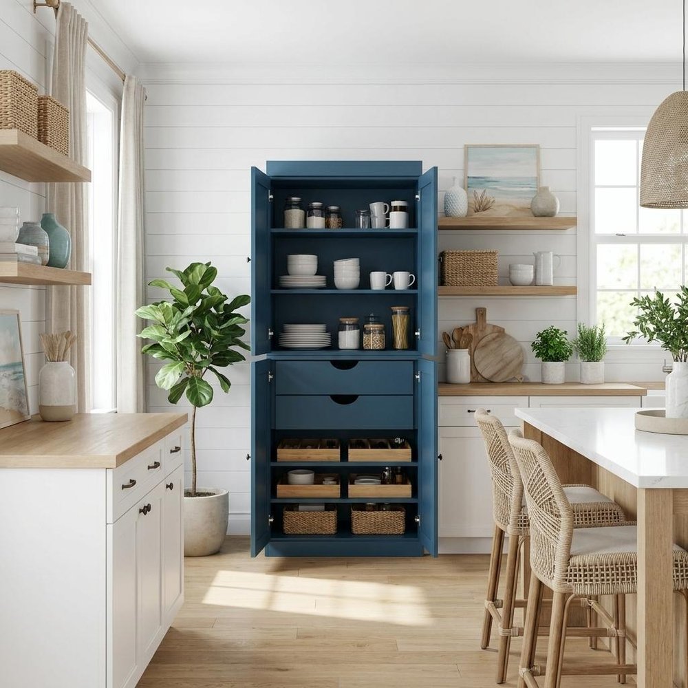 72" White Solid Wood Four Door Two Drawer Pantry Or Storage Closet in a home interior
