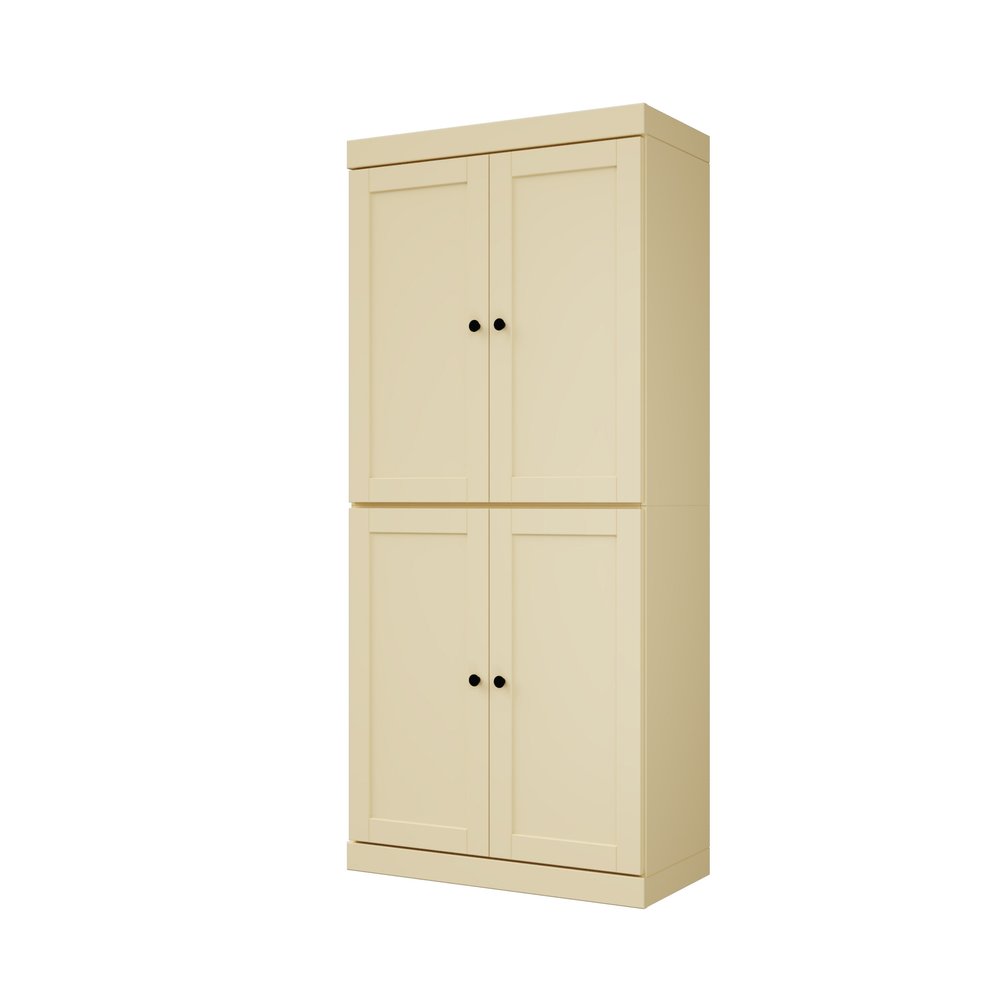 72" White Solid Wood Four Door Two Drawer Pantry Or Storage Closet on a white background