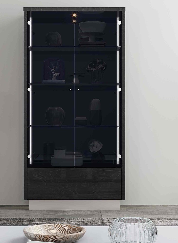 41" Dark Gray Wood Display Cabinet With LED With Two Doors And One Drawer