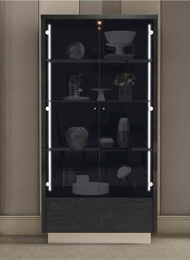 41" Dark Gray Wood Display Cabinet With LED With Two Doors And One Drawer