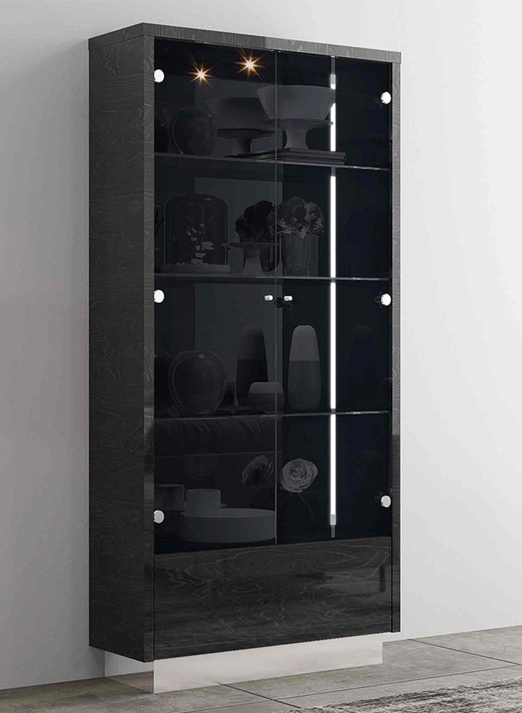41" Dark Gray Wood Display Cabinet With LED With Two Doors And One Drawer