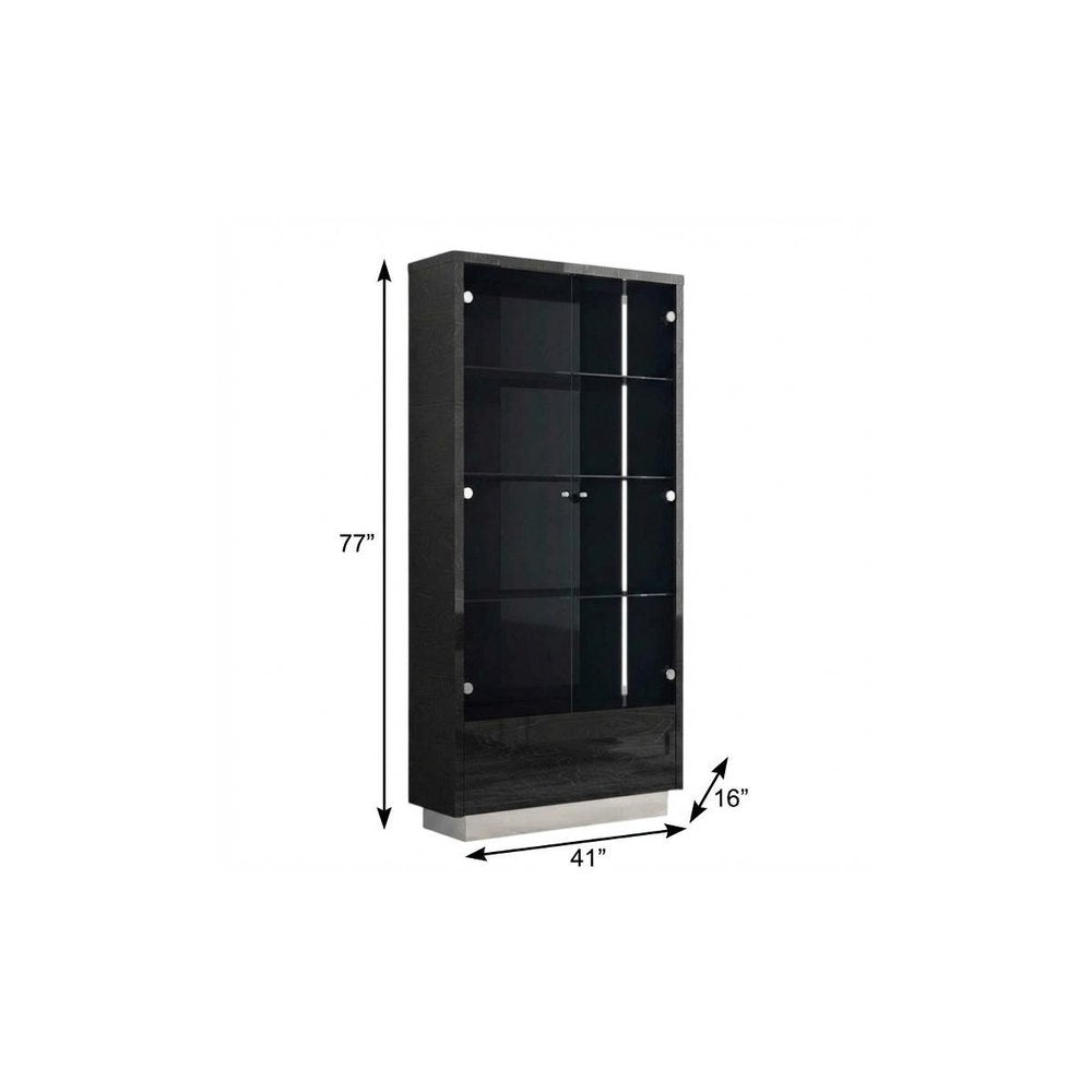 41" Dark Gray Wood Display Cabinet With LED With Two Doors And One Drawer