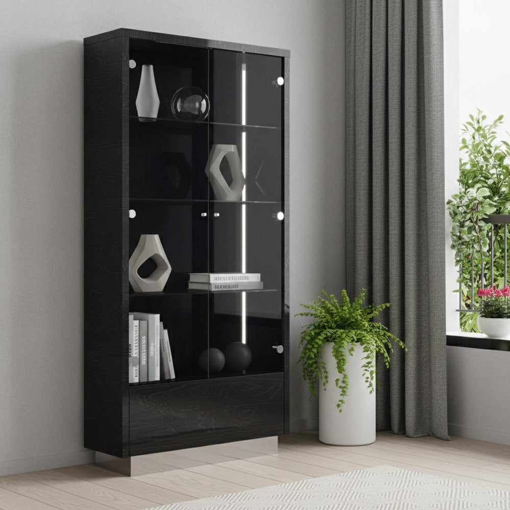 41" Dark Gray Wood Display Cabinet With LED With Two Doors And One Drawer
