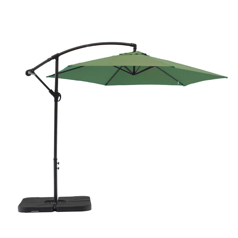 Green polyester cantilever patio umbrella with a black pole and base on a white background.