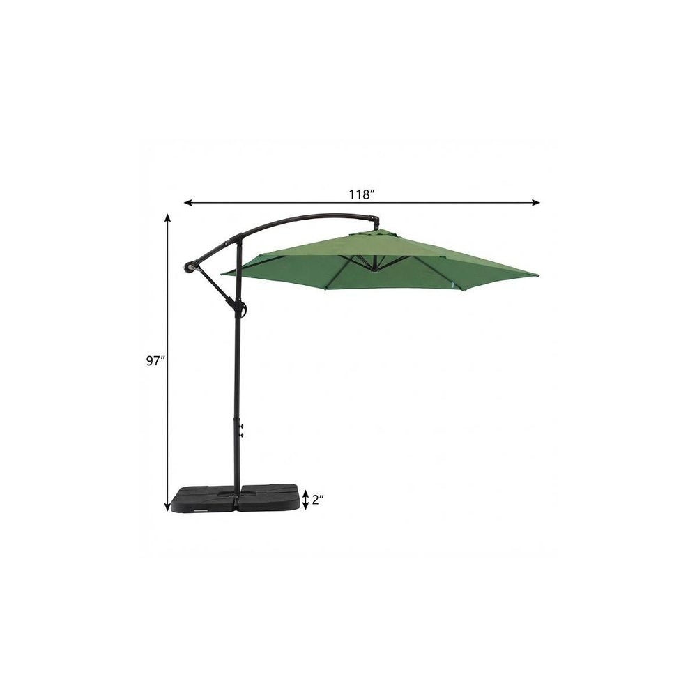 9.5' Green Polyester Hexagonal Cantilever Patio Umbrella with Stand on a white background