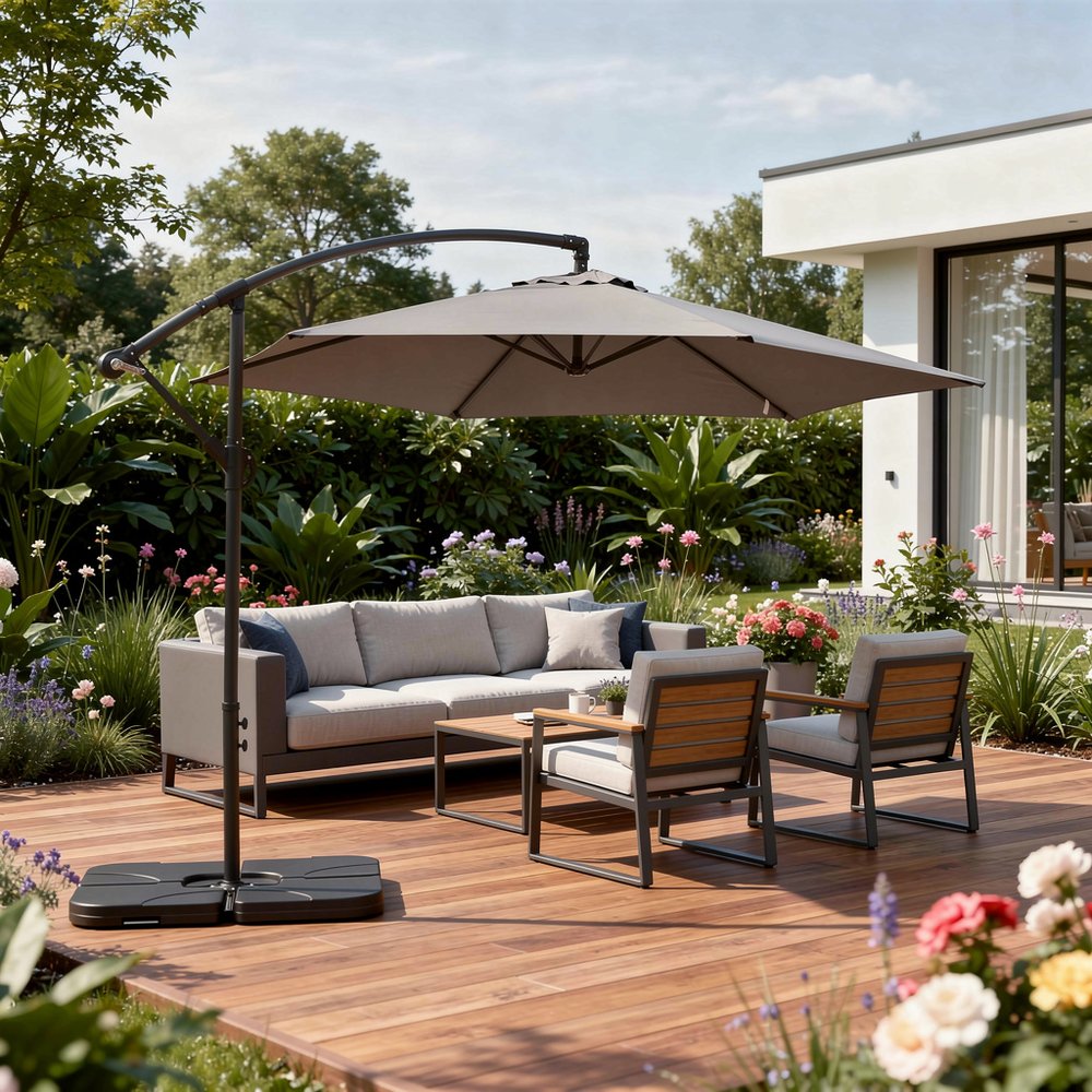 9.5' Gray Polyester Hexagonal Cantilever Patio Umbrella with Stand in a home interior
