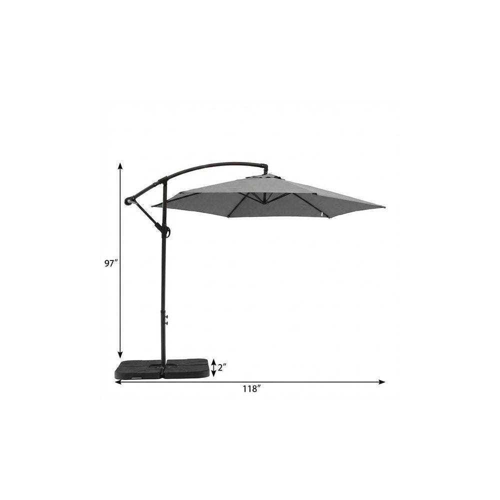 9.5' Gray Polyester Hexagonal Cantilever Patio Umbrella with Stand on a white background