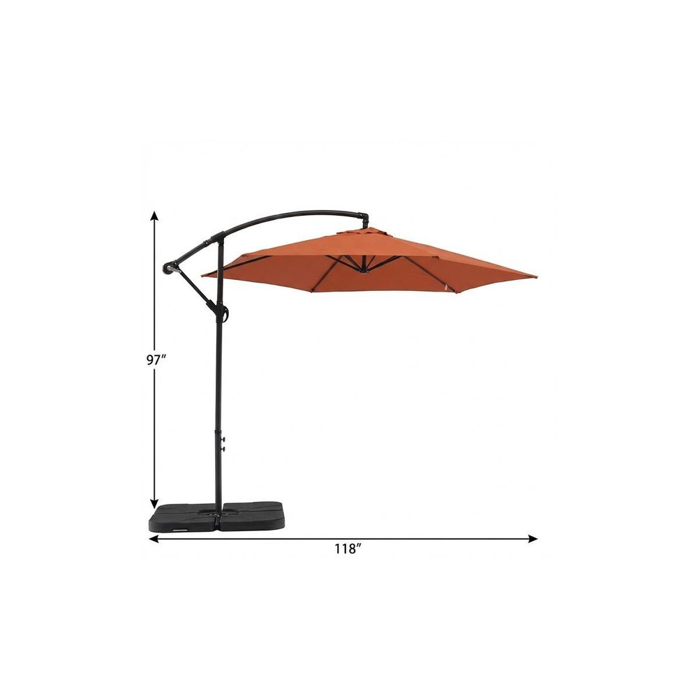 9.5' Orange Polyester Hexagonal Cantilever Patio Umbrella with Stand on a white background