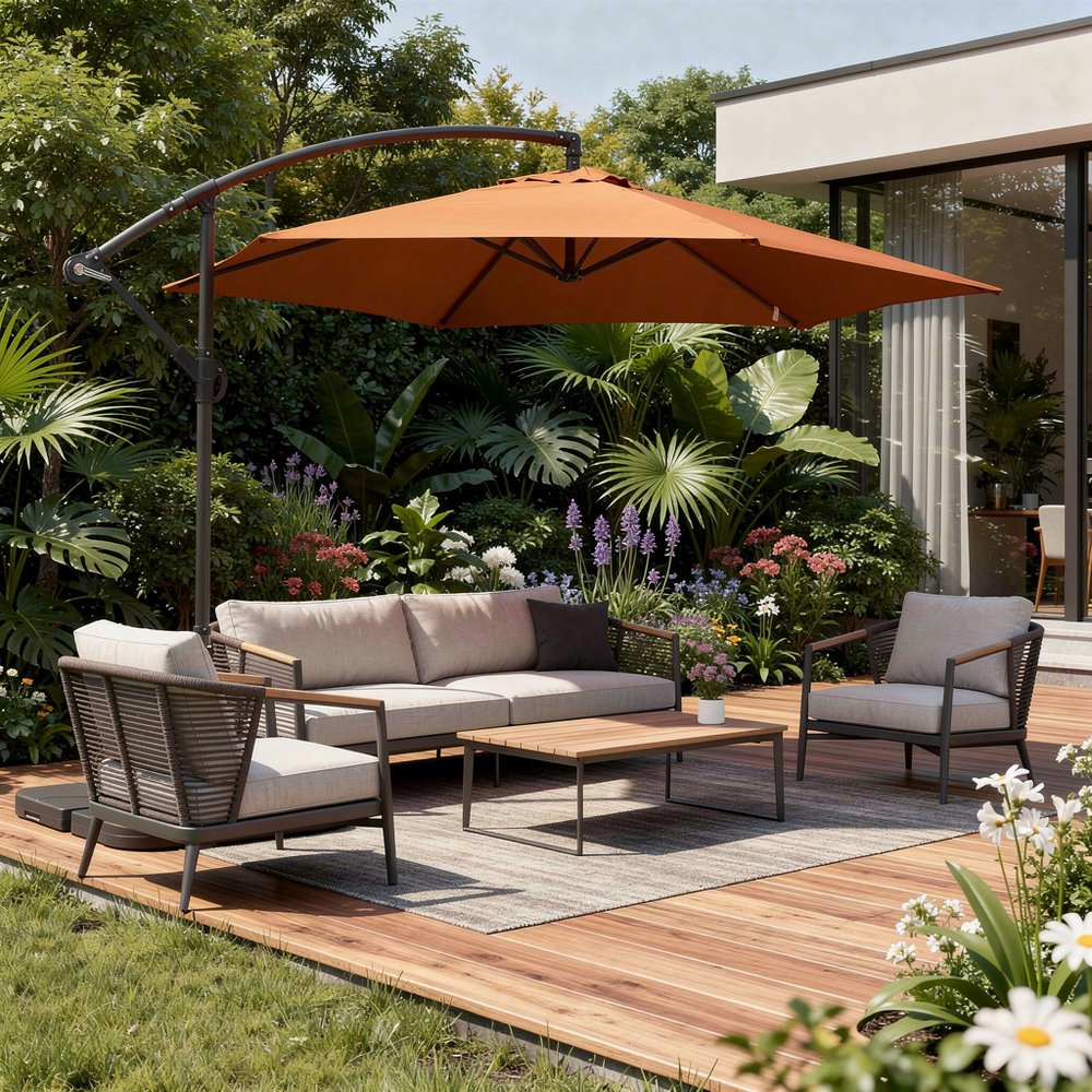 9.5' Orange Polyester Hexagonal Cantilever Patio Umbrella with Stand in a home interior