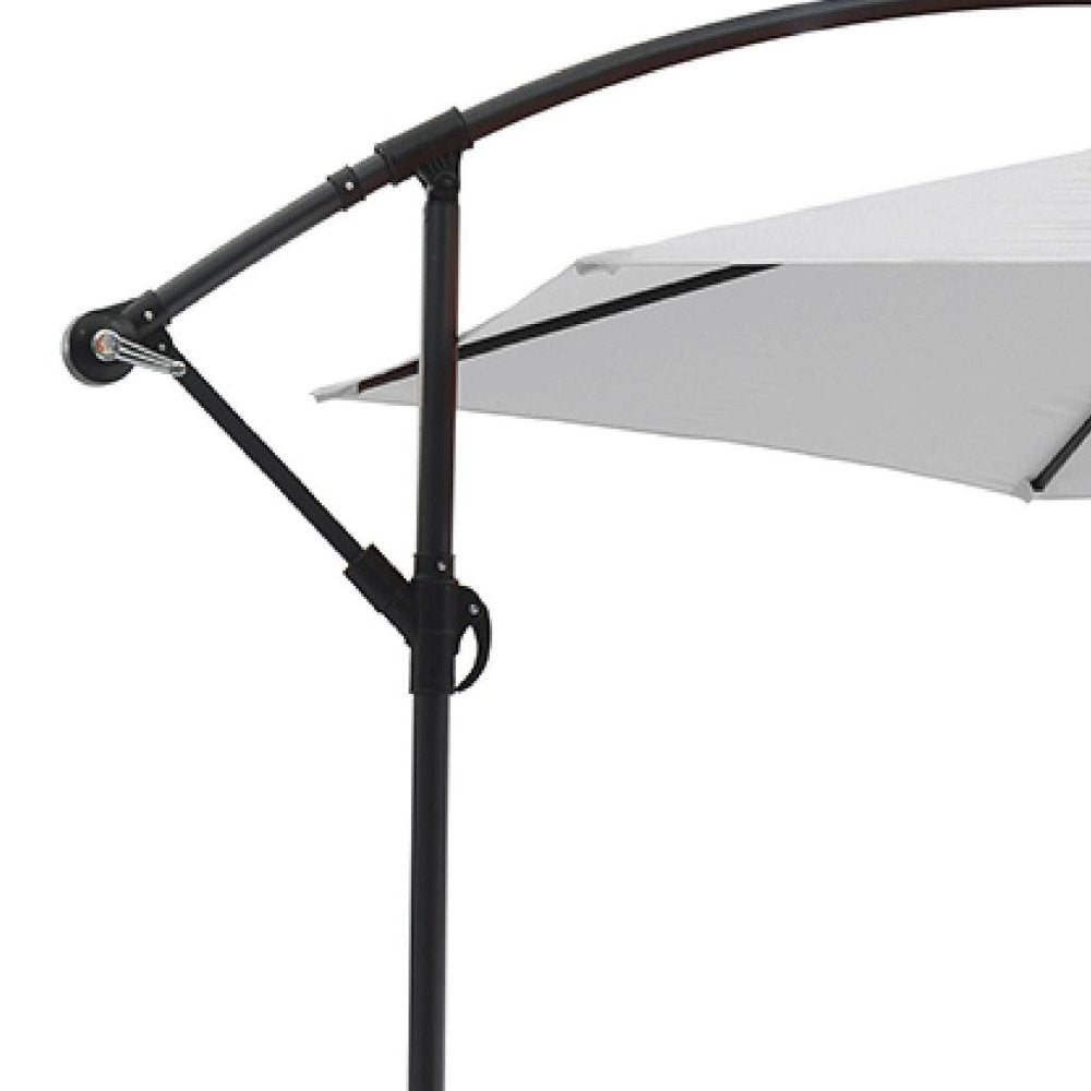 9.5' White Polyester Hexagonal Cantilever Patio Umbrella with Stand on a white background
