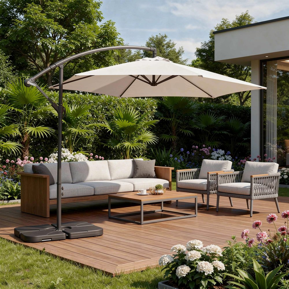 9.5' White Polyester Hexagonal Cantilever Patio Umbrella with Stand in a home interior