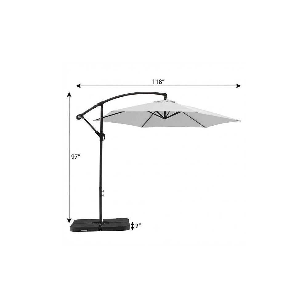 9.5' White Polyester Hexagonal Cantilever Patio Umbrella with Stand on a white background