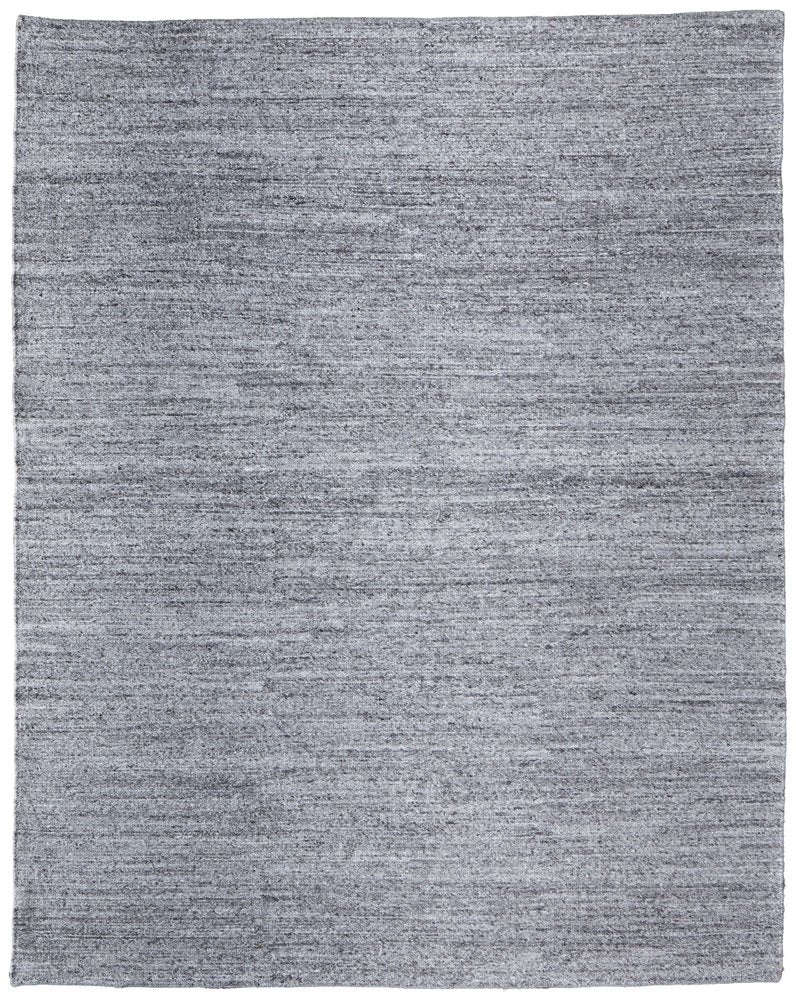 A gray and ivory handmade indoor outdoor area rug with a textured, striped pattern.