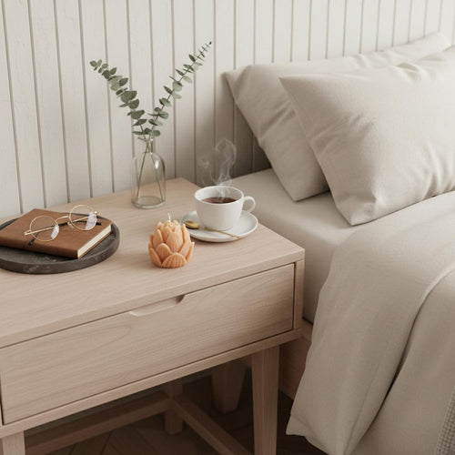 Orange dimensional flower candle on a light wood nightstand next to a book, glasses, and a steaming cup of coffee.