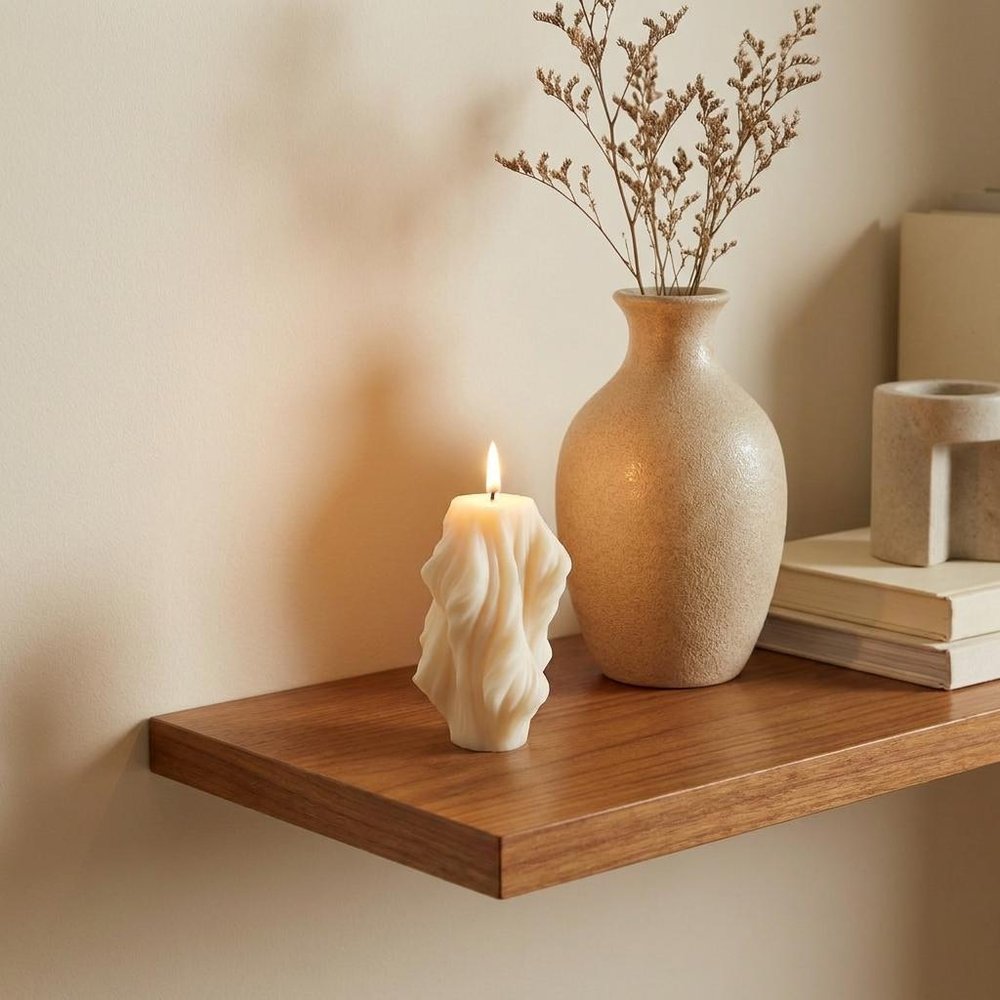 4" White Unscented Dimensional Twist Candle displayed on a wood tabletop in a furnished interior against a cream wall.